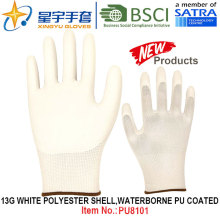 13G Blanco Poliéster Shell Waterborne PU guantes revestidos (PU8101) con CE, En388, En420 Guantes de trabajo